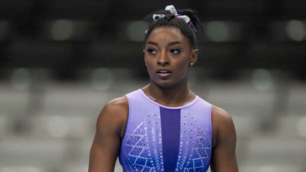 Simone Biles warms up during the 2023 U.S. Gymnastics Championships.